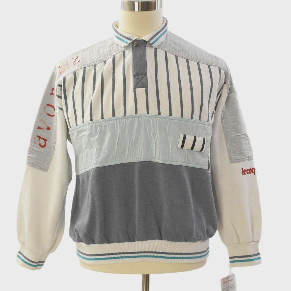 80s Vintage Graphic Polo Style Cotton Sweatshirt Mens L White Sporty Sweater